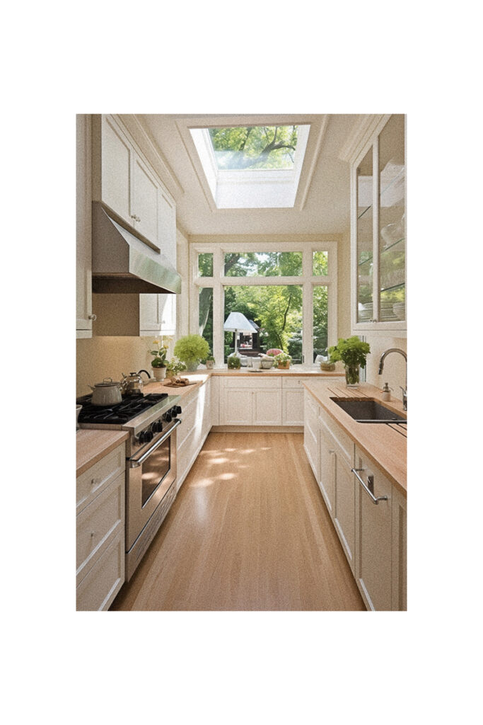 A kitchen with a skylight and hardwood floors ideal for kitchen layout ideas.