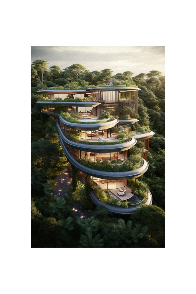 An artist's rendering of a modern house in the jungle.