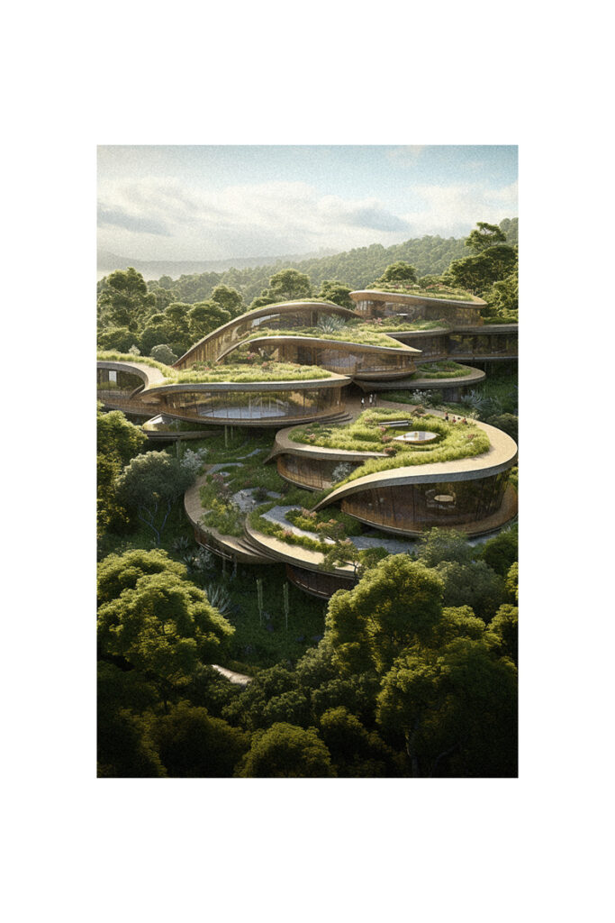 A modern artist's rendering of an organic building in the middle of a forest.