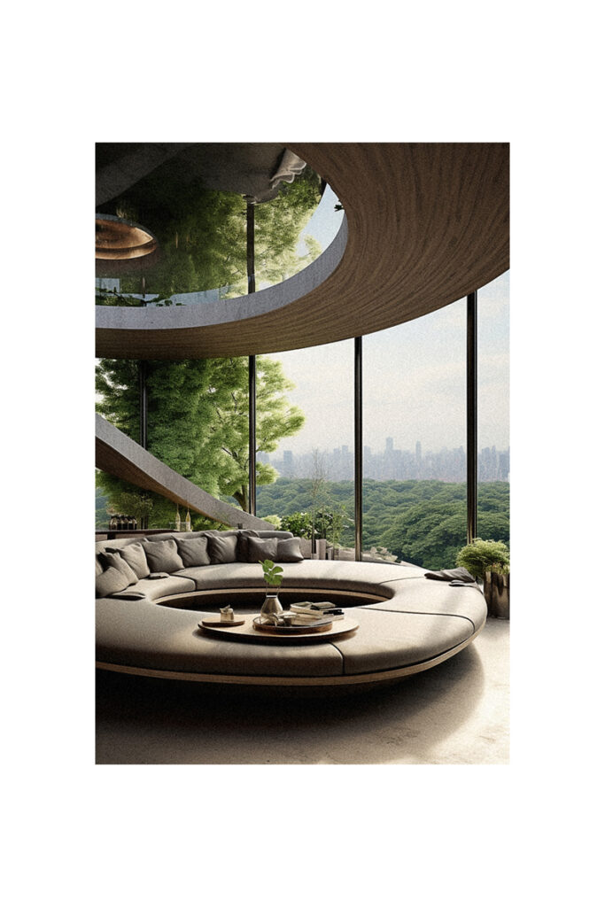 A modern living room with a circular couch and a view of the city.