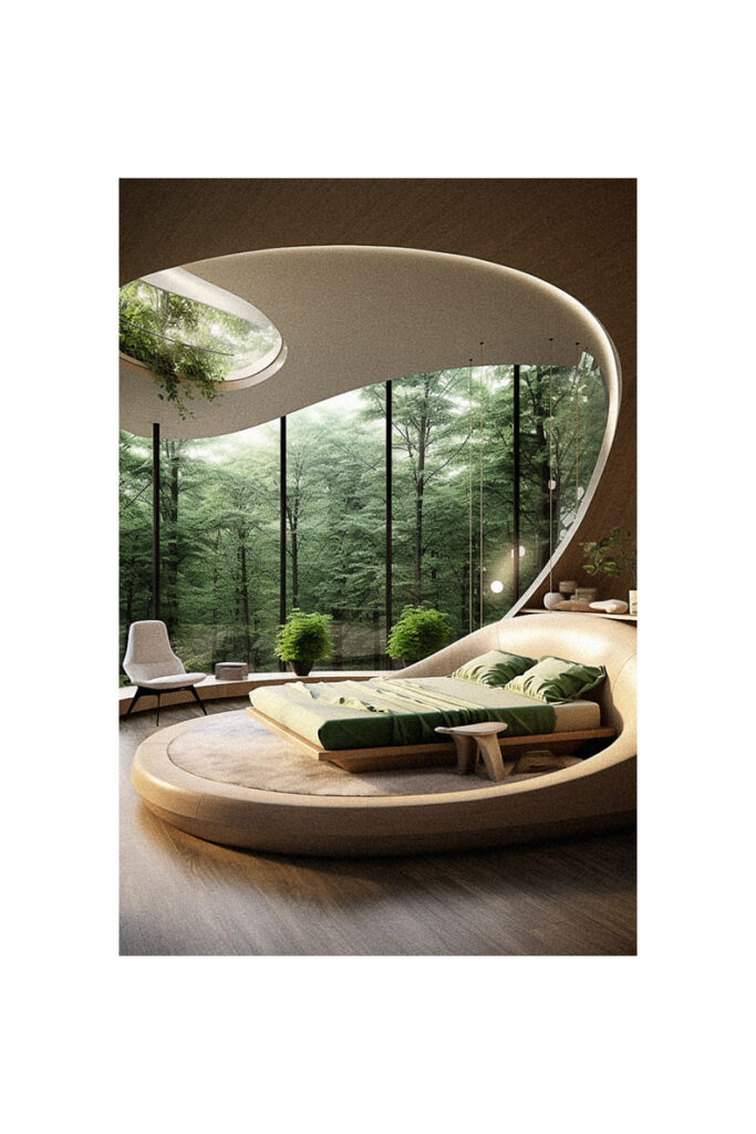 A modern bedroom with a circular bed nestled in the midst of a forest.