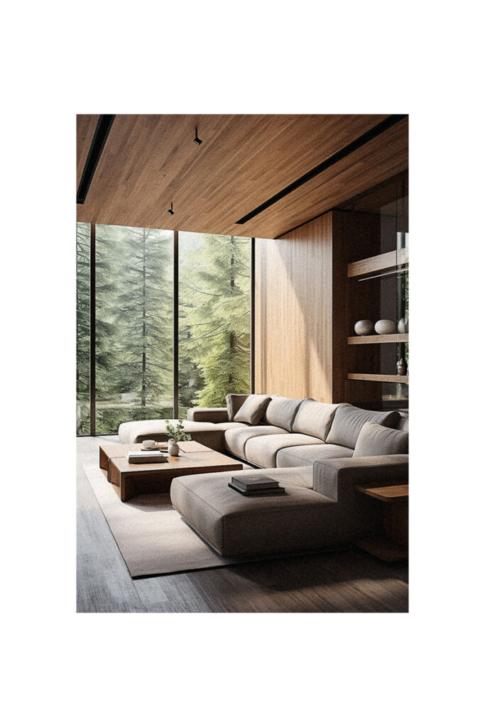 A modern living room with organic wooden walls.