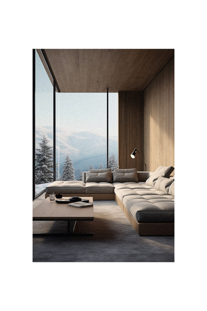 A modern living room with a view of the mountains.