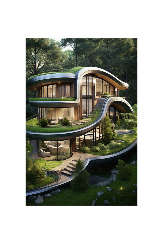 A modern house with a green roof in the woods showcasing organic architecture.