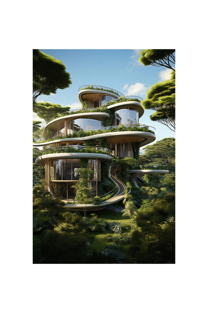 A modern house nestled within a forest, showcasing organic architecture.