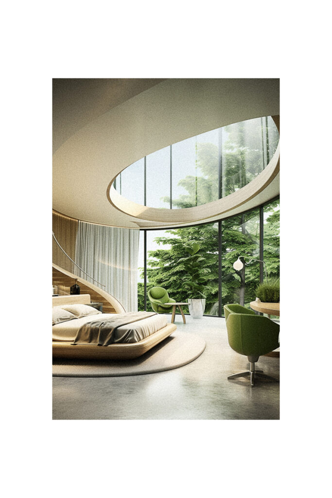 A modern bedroom with a circular bed featuring organic touches.