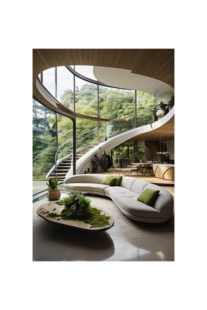 A modern living room with a spiral staircase.
