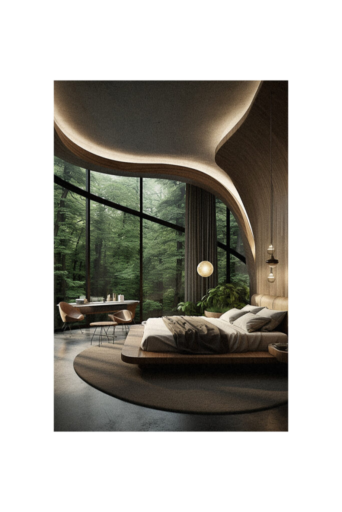 A modern bed in a room with an organic view of the woods.