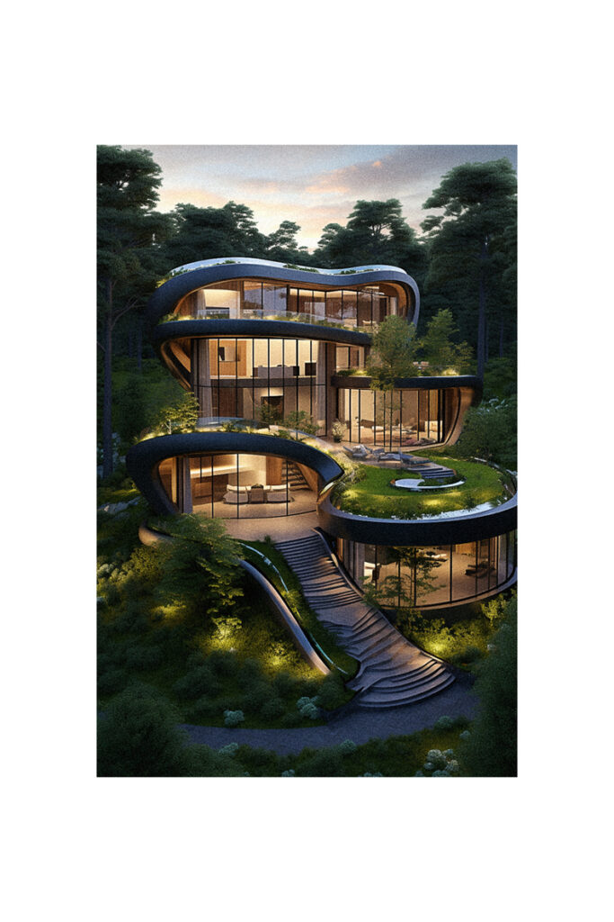 An image of a modern house in the woods featuring modern organic architecture.