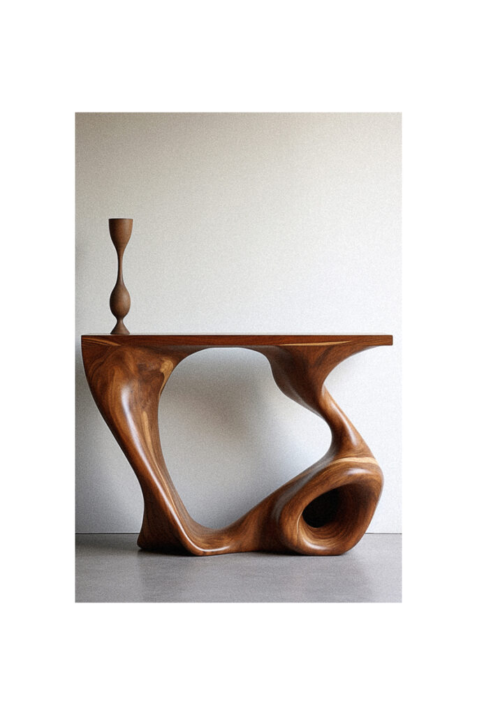A modern wooden console table with a vase on it.