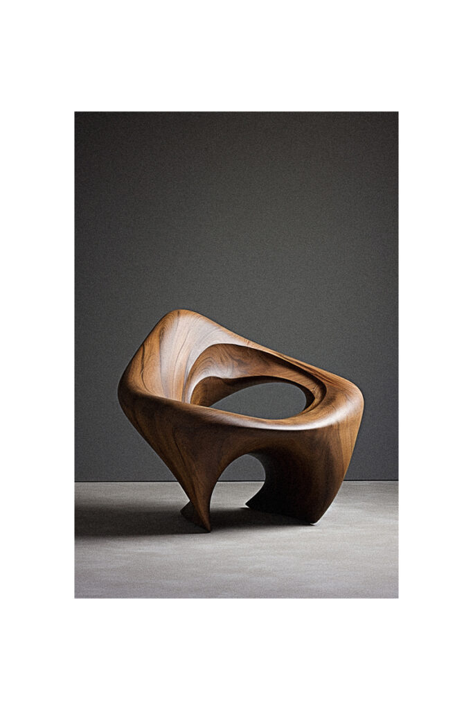 A modern wooden chair with a curved shape.