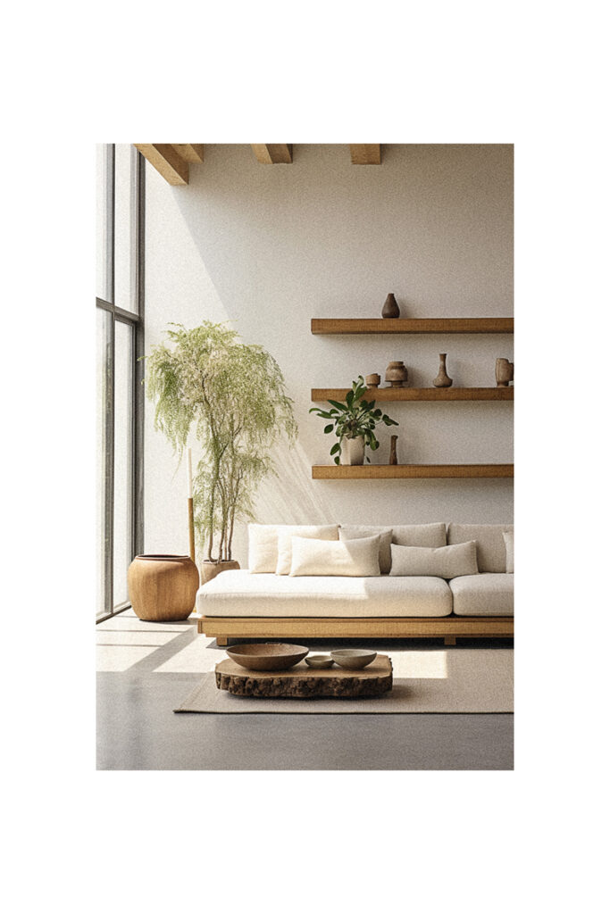 A modern living room with wooden shelves and a potted plant.
