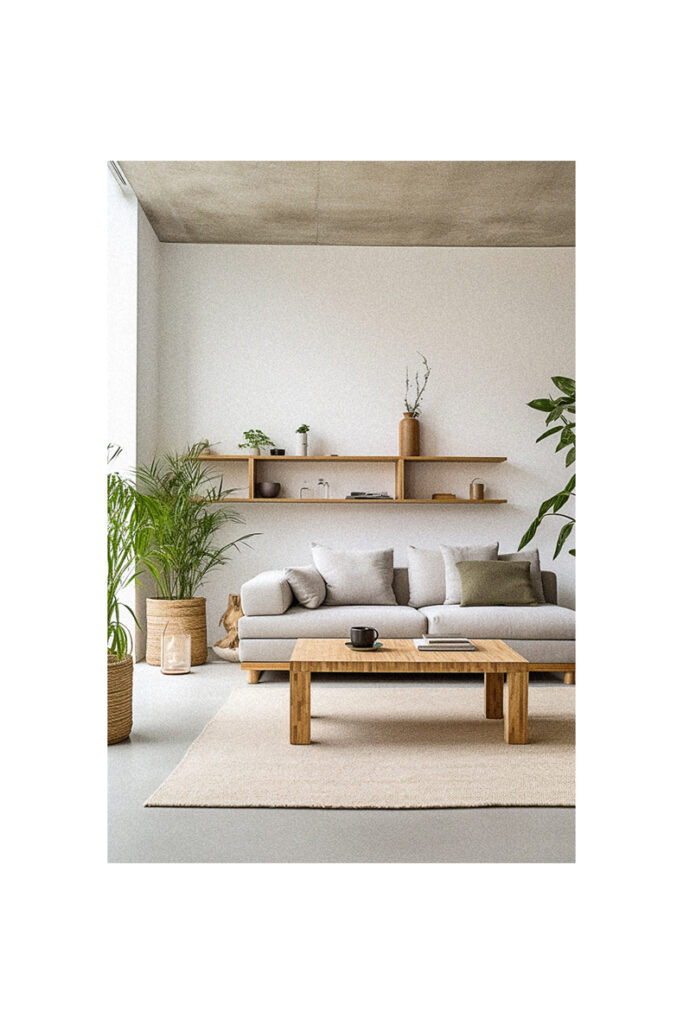 A modern living room with a white couch and organic plants.