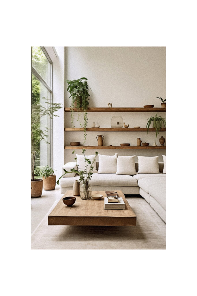A modern living room with organic plants.