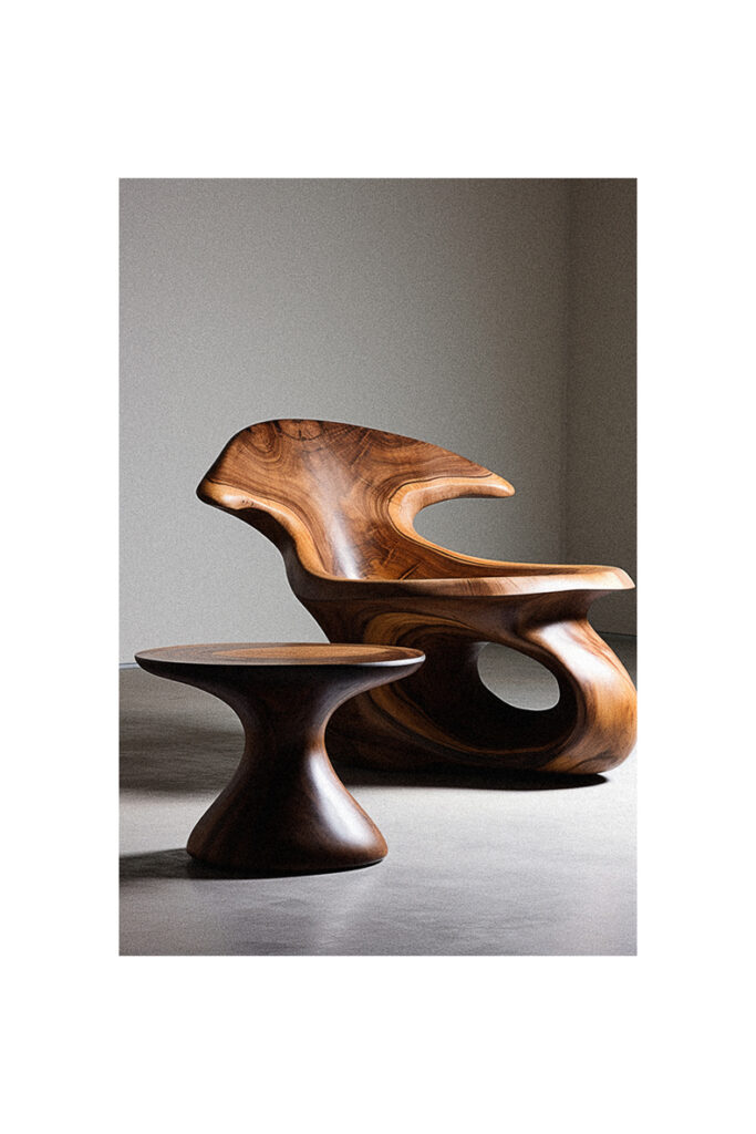 A modern chair and table made of organic wood.