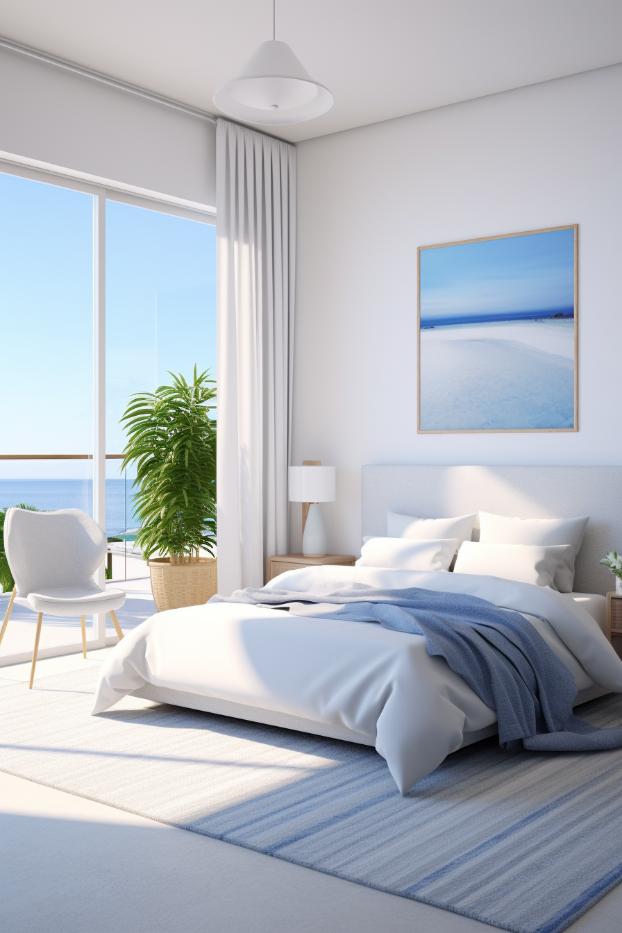 A beautiful white bed in a room with a breathtaking view of the ocean.