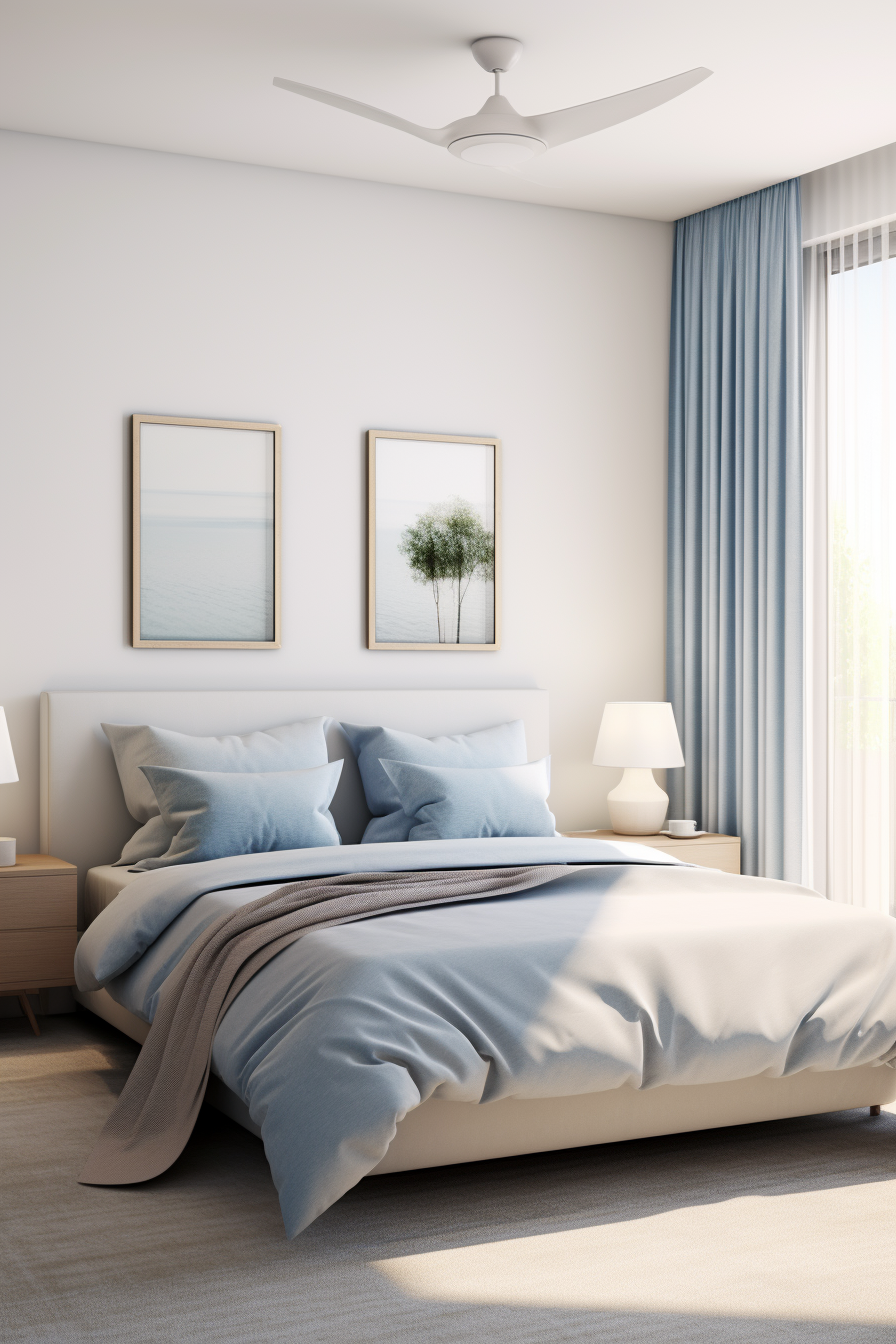 Beautiful 3D rendering of a bedroom with a white bed and blue curtains.