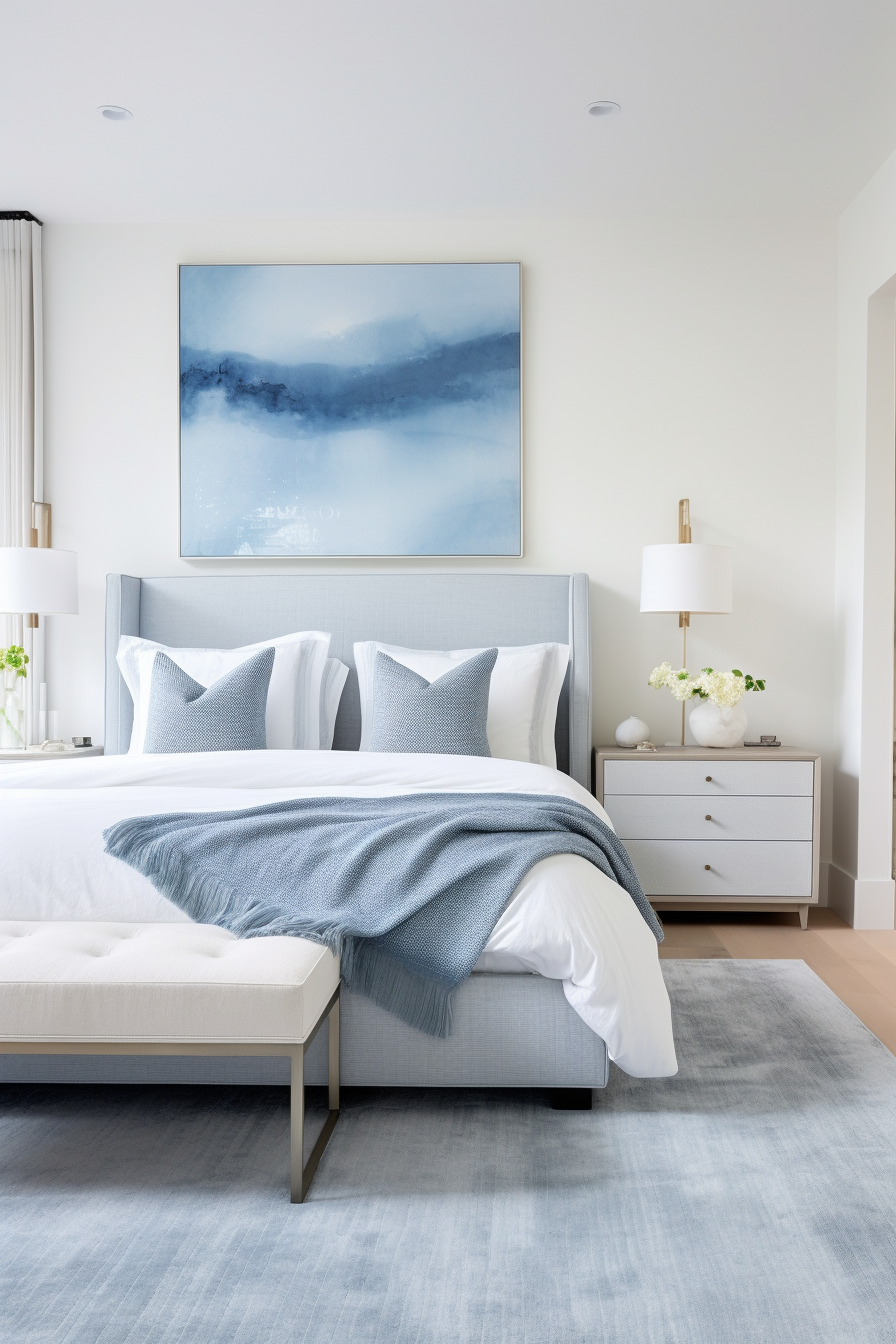 A beautiful blue bedroom with a large painting on the wall.
