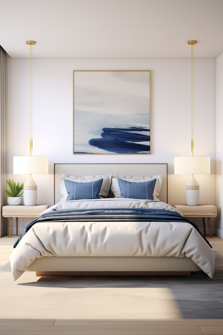 A beautiful white and blue bedroom with a large painting on the wall.