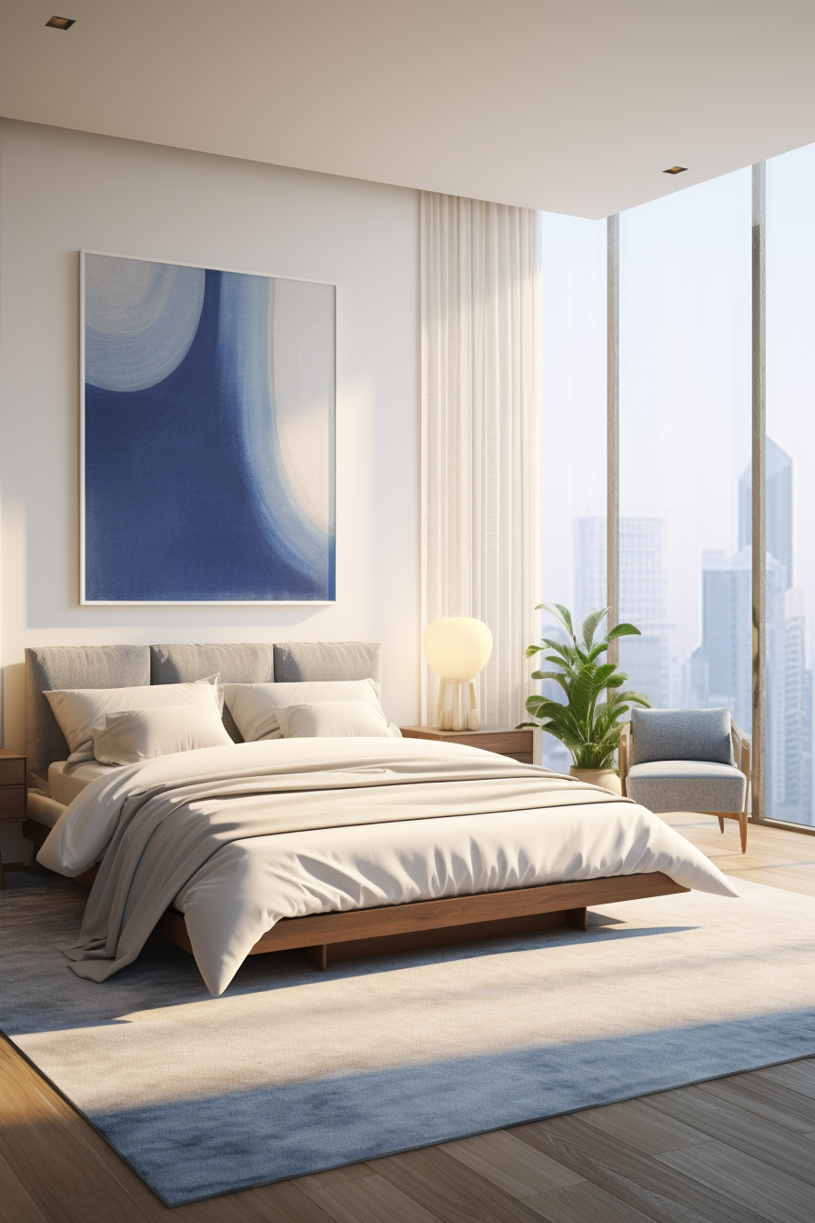 A beautiful modern bedroom with large windows and a large bed in a soothing shade of blue.