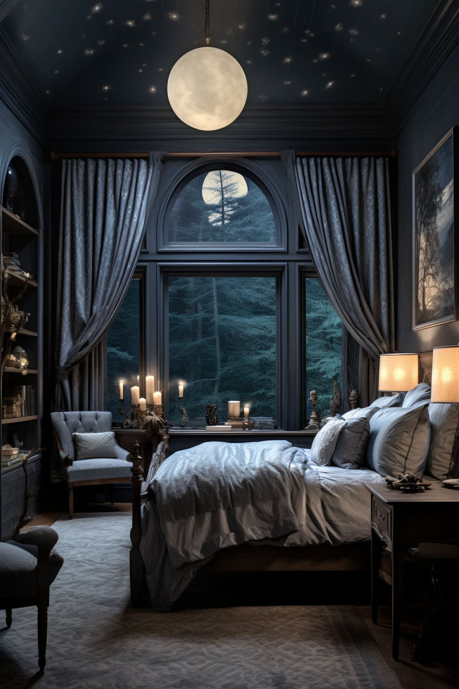 A beautiful bedroom with a moon on the ceiling.