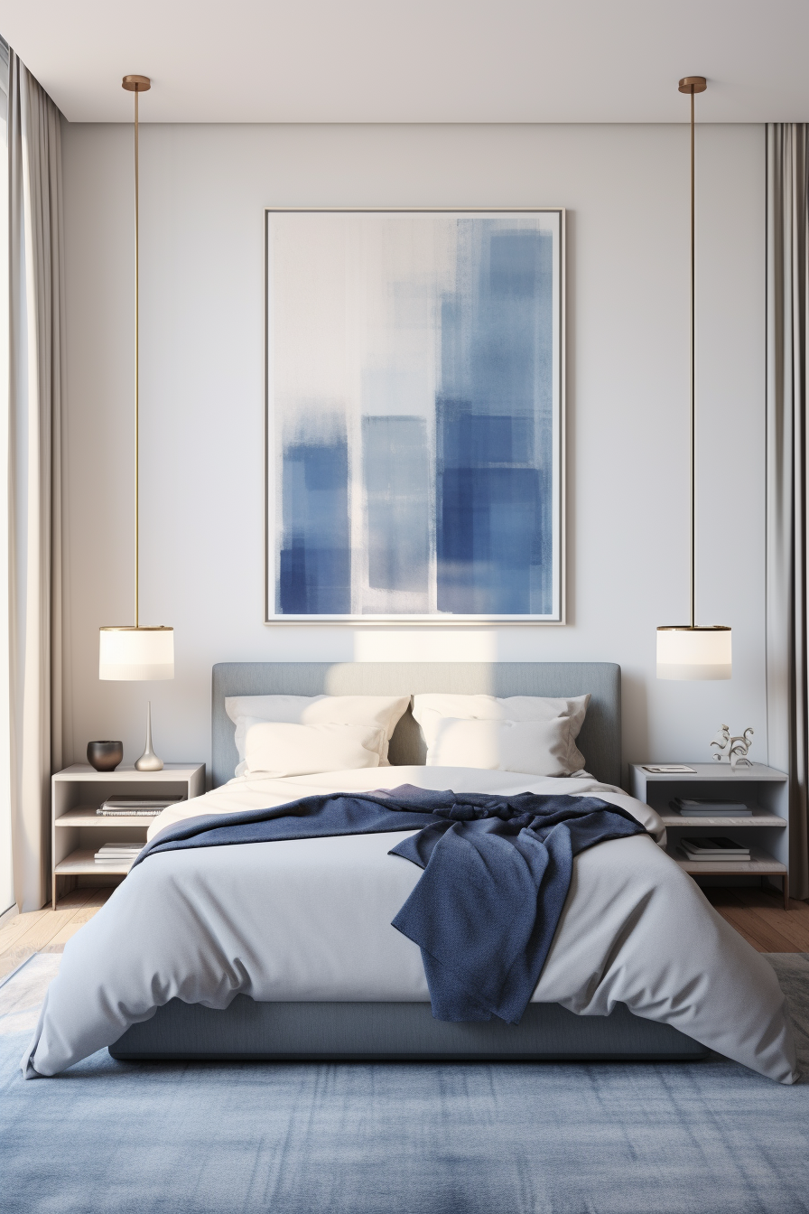 A beautiful white and blue bedroom with a large painting on the wall.