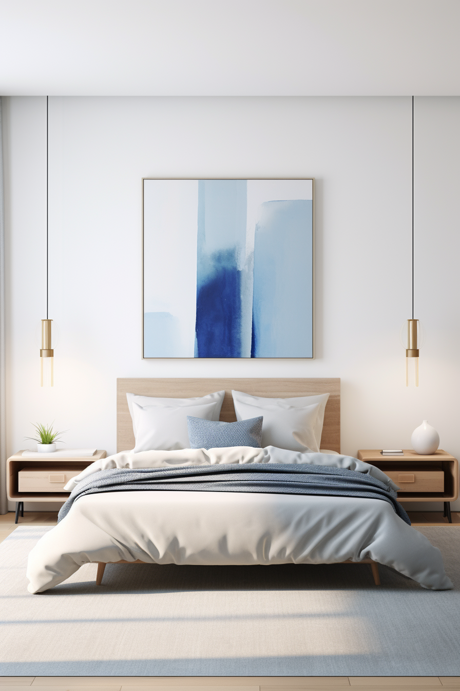 A beautiful white bedroom with a stunning blue painting on the wall.
