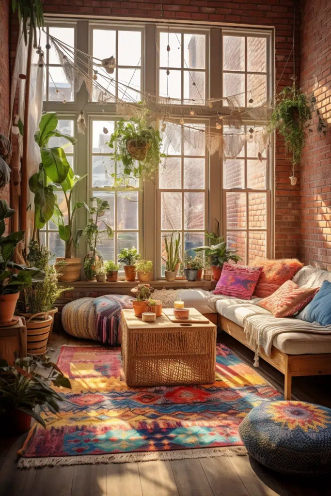 A bohemian-style living room with a colorful rug and potted plants.