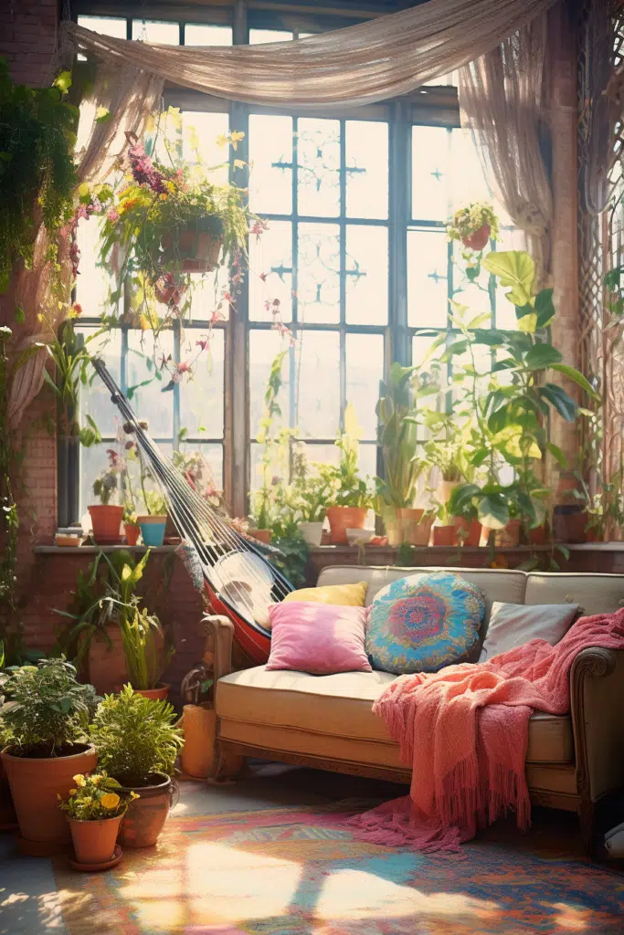 A bohemian-style living room adorned with an abundance of plants and a comfortable couch.