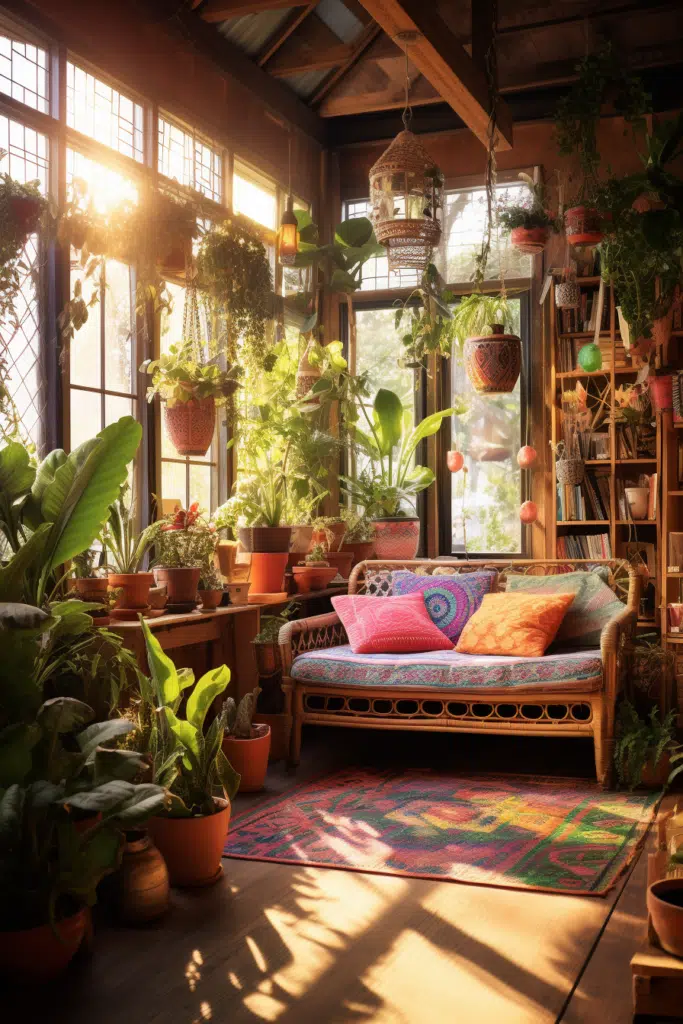 A bohemian-style couch surrounded by a lush array of plants in a room with abundant greenery.
