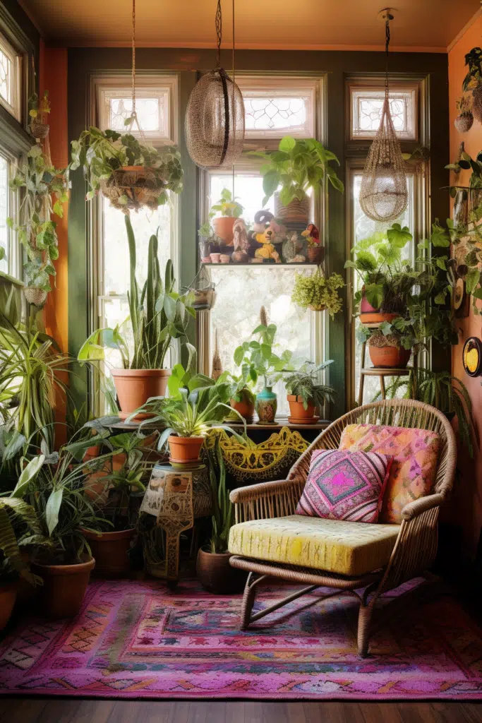 A bohemian-style room adorned with a chair and plants.