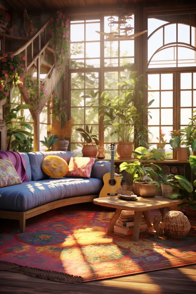 A bohemian-style living room with a couch and a guitar.