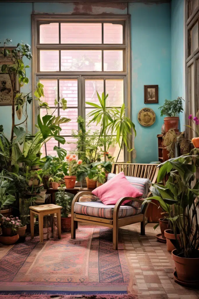 A bohemian-style room with an abundance of plants.