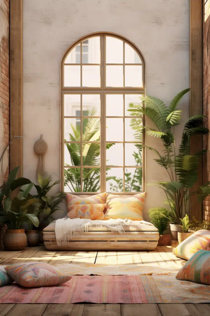 A bohemian-style room with a couch, pillows, and plants.