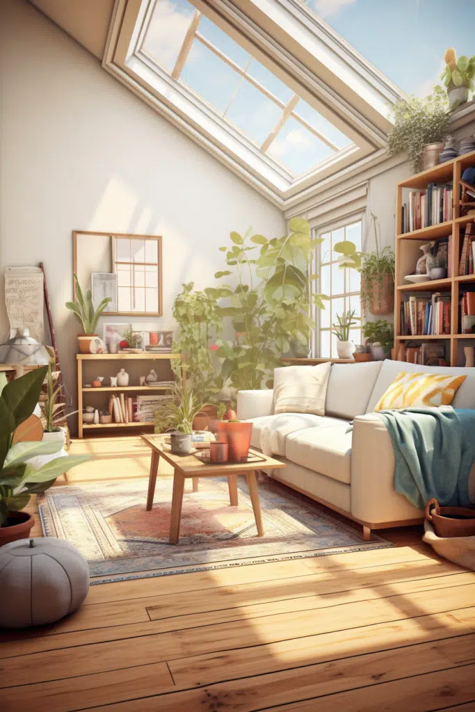 3D rendering of a Bohemian style living room with a skylight.