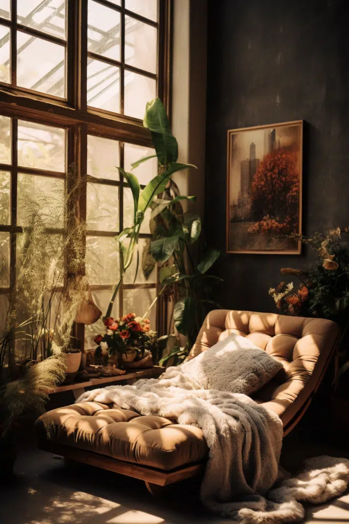 A bohemian-style chair in a room with plants and a painting.