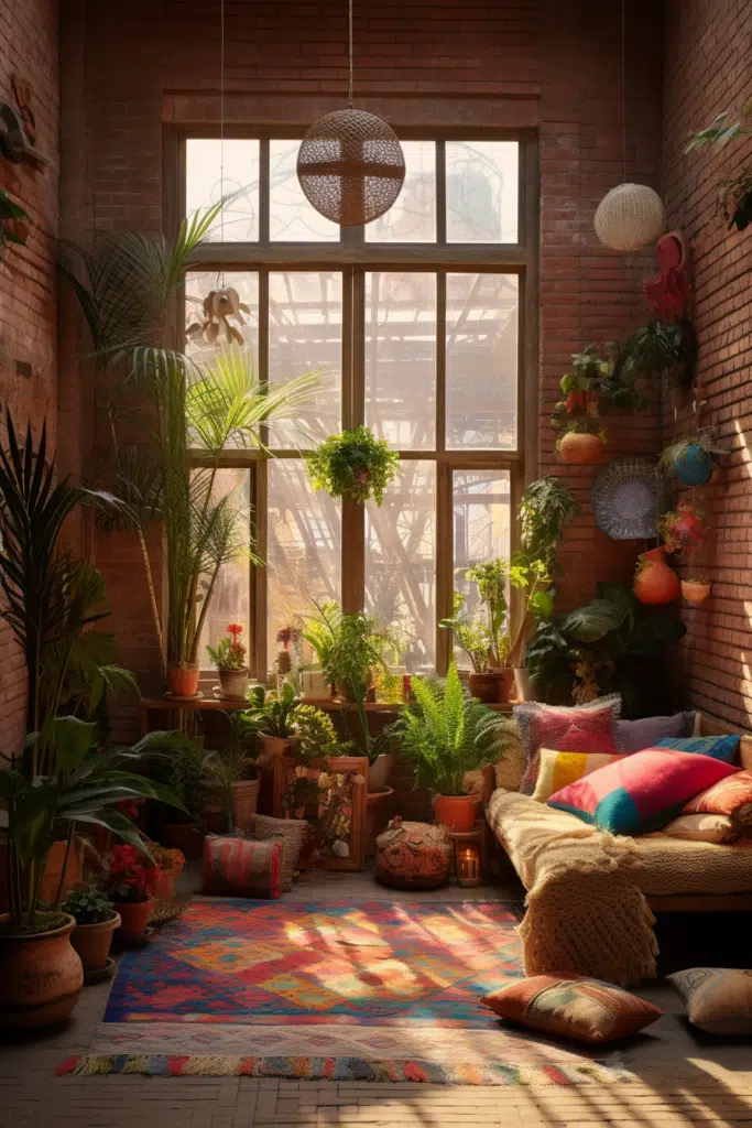 A bohemian-inspired room adorned with plants and a cozy couch.