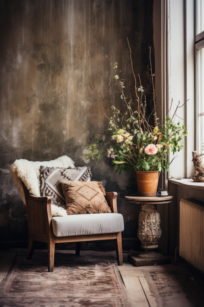 A Bohemian style chair in front of a window with a potted plant.