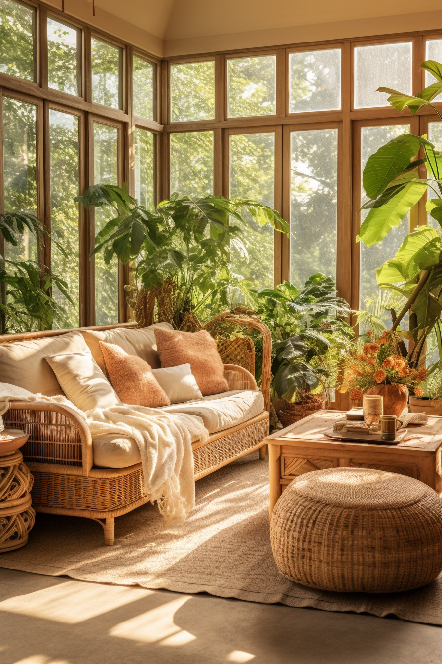 A bohemian-style living room adorned with wicker furniture and lush plants.