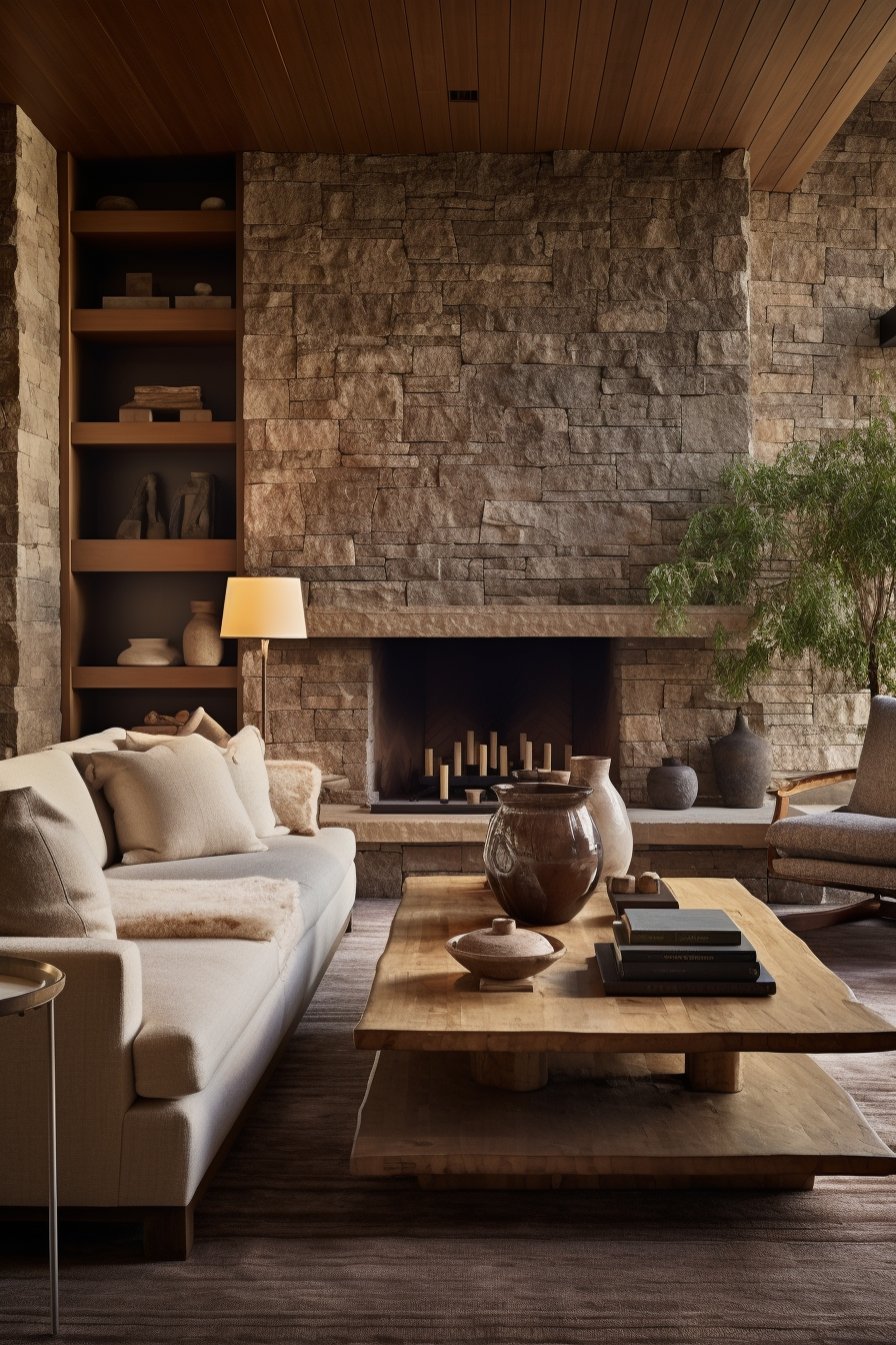 A bohemian-style living room with stone walls and a fireplace.