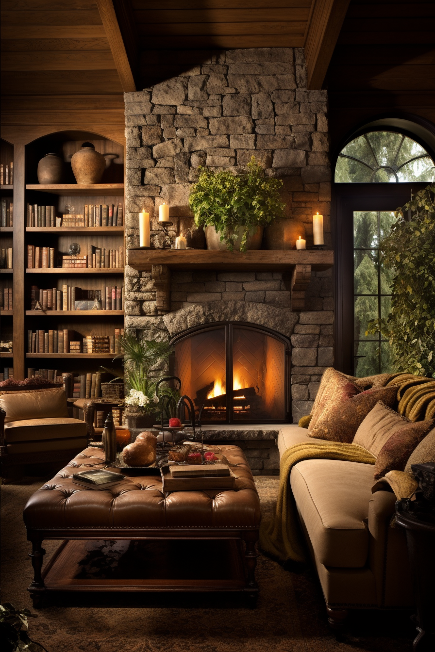 A bohemian-style living room adorned with a stone fireplace and bookshelves.