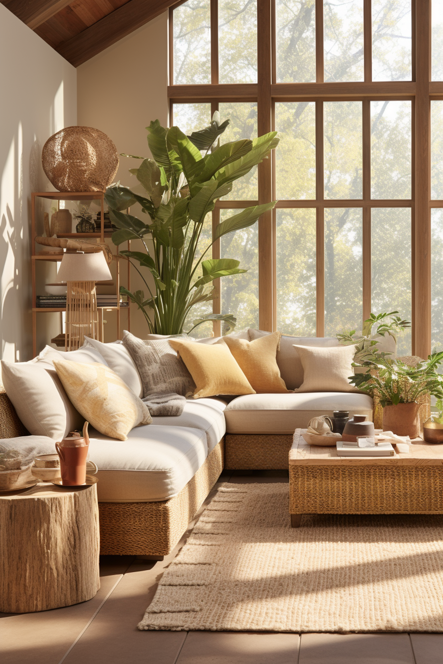A bohemian-style living room with large windows and wicker furniture.