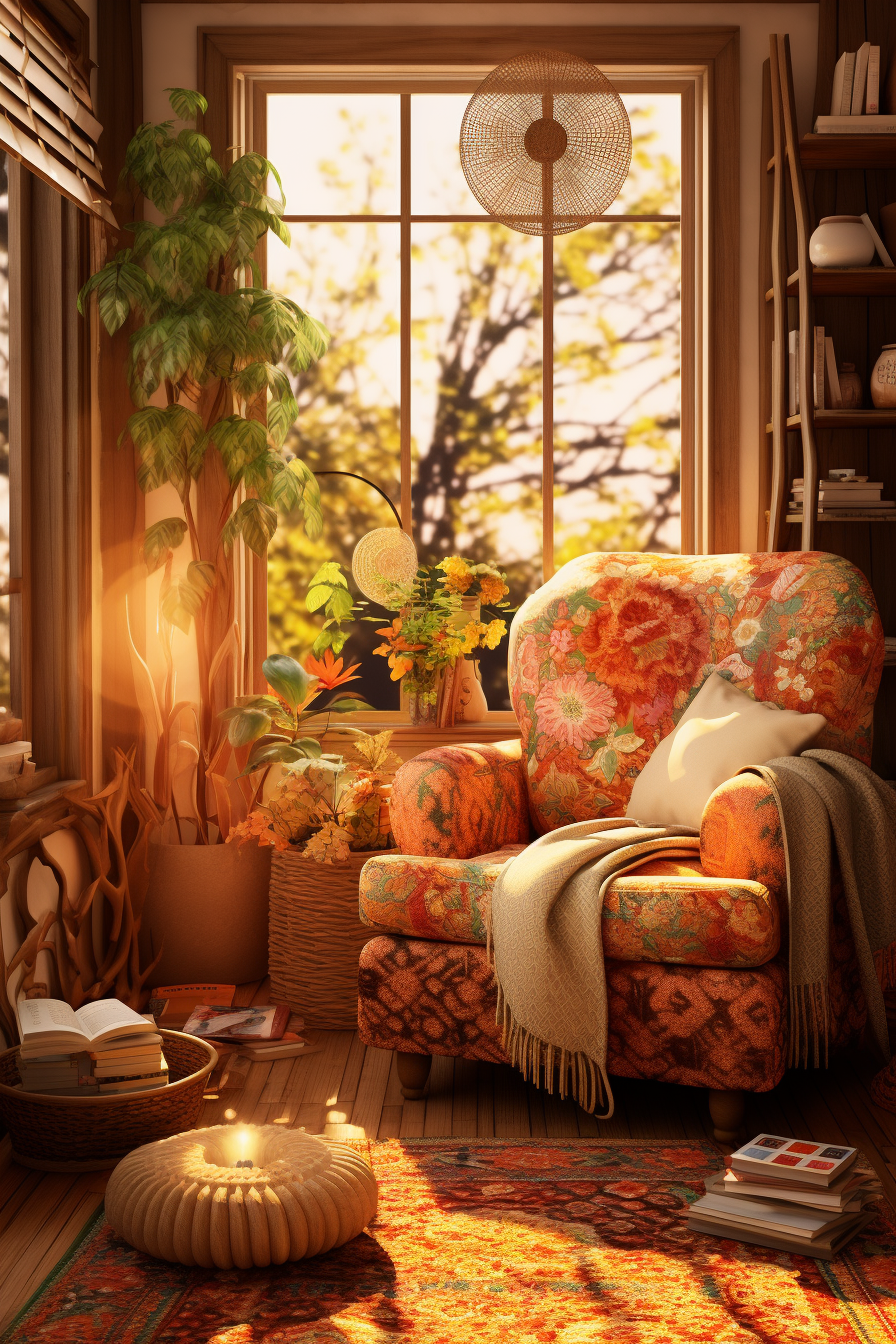 A Bohemian-style chair in a room with a window.