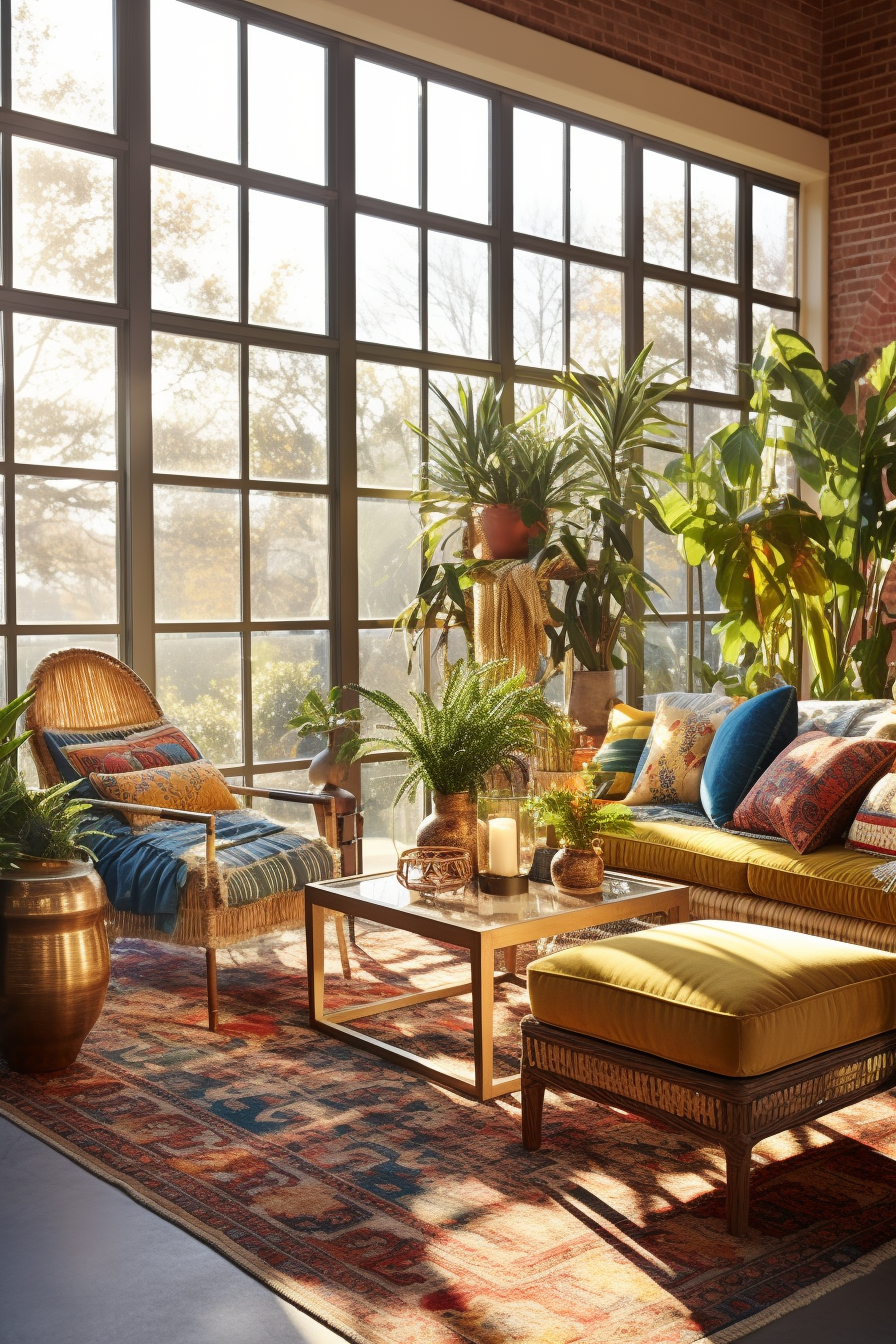 A bohemian-style living room adorned with an abundance of plants and furniture.