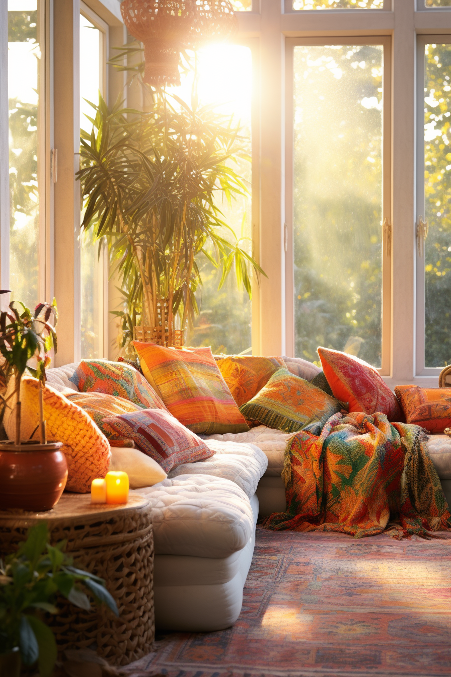 A bohemian-style couch in a living room.