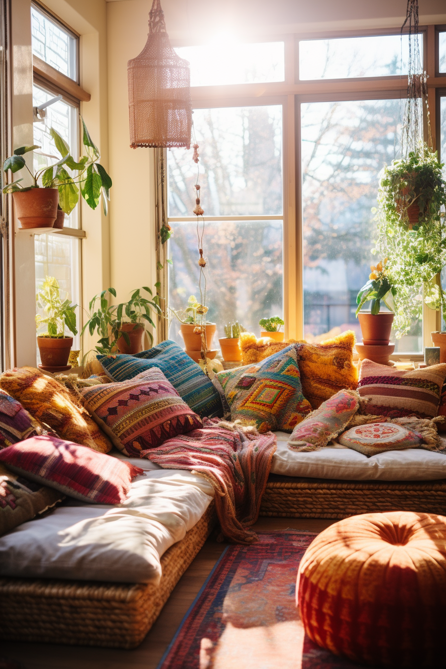 A bohemian-styled living room with colorful pillows and plants in front of a window.
