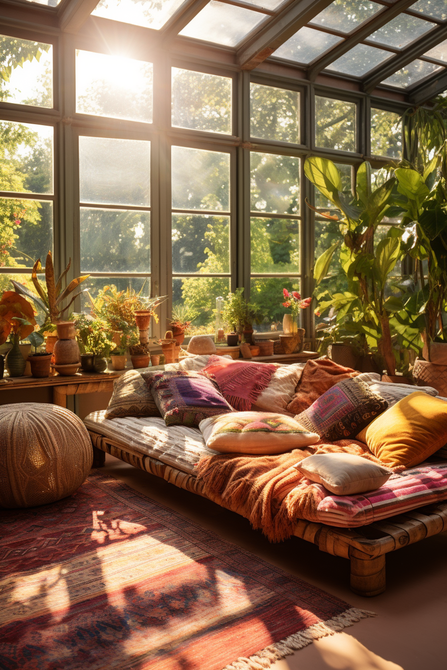 A cozy room with a bed and pillows in front of a window, designed in bohemian style.