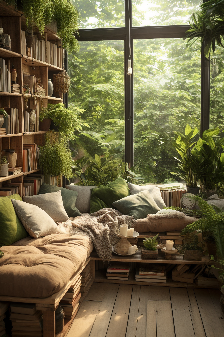A bohemian-inspired living room adorned with an abundance of plants and books, creating a vibrant and free-spirited ambiance.