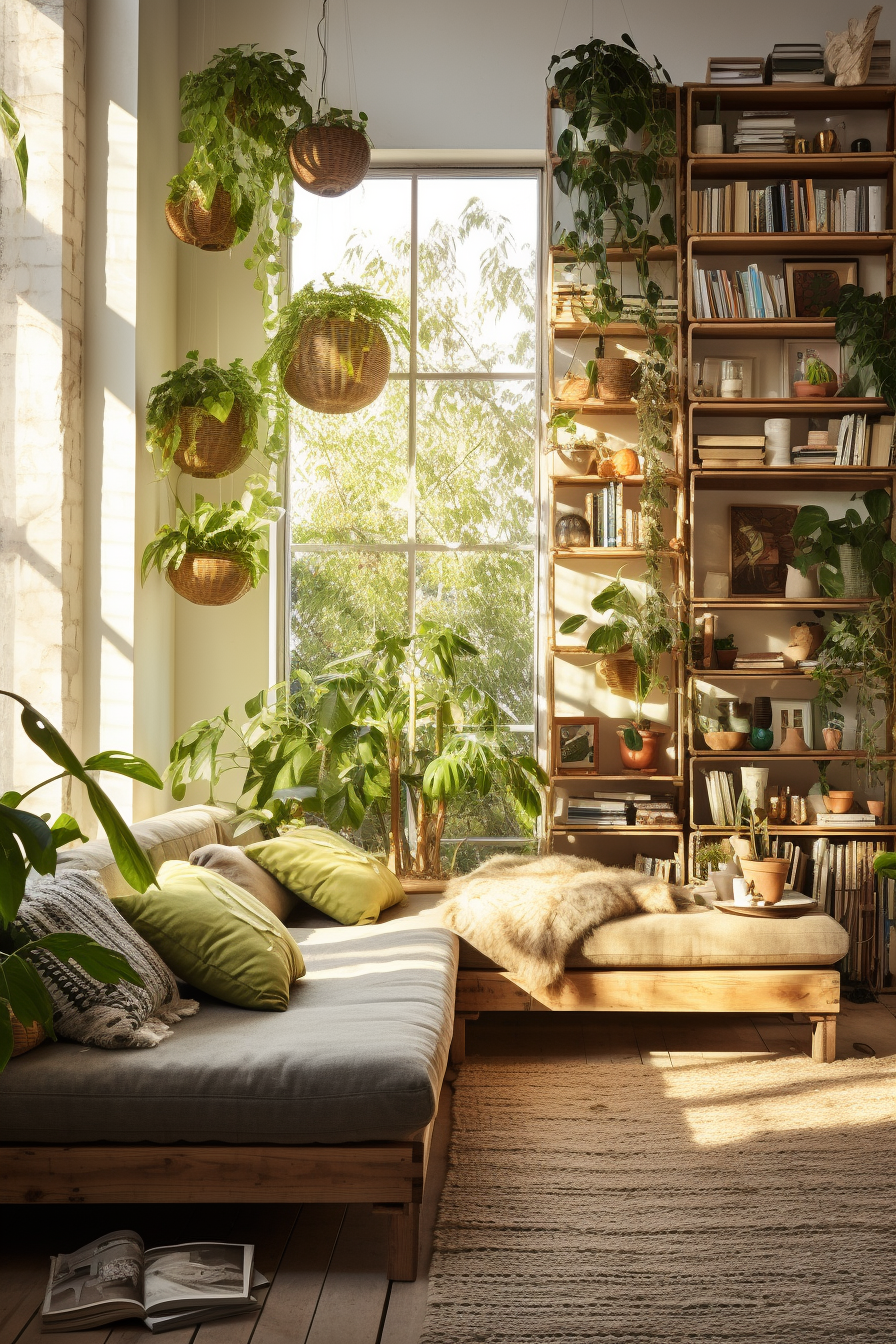 A bohemian living room with lots of plants and bookshelves.