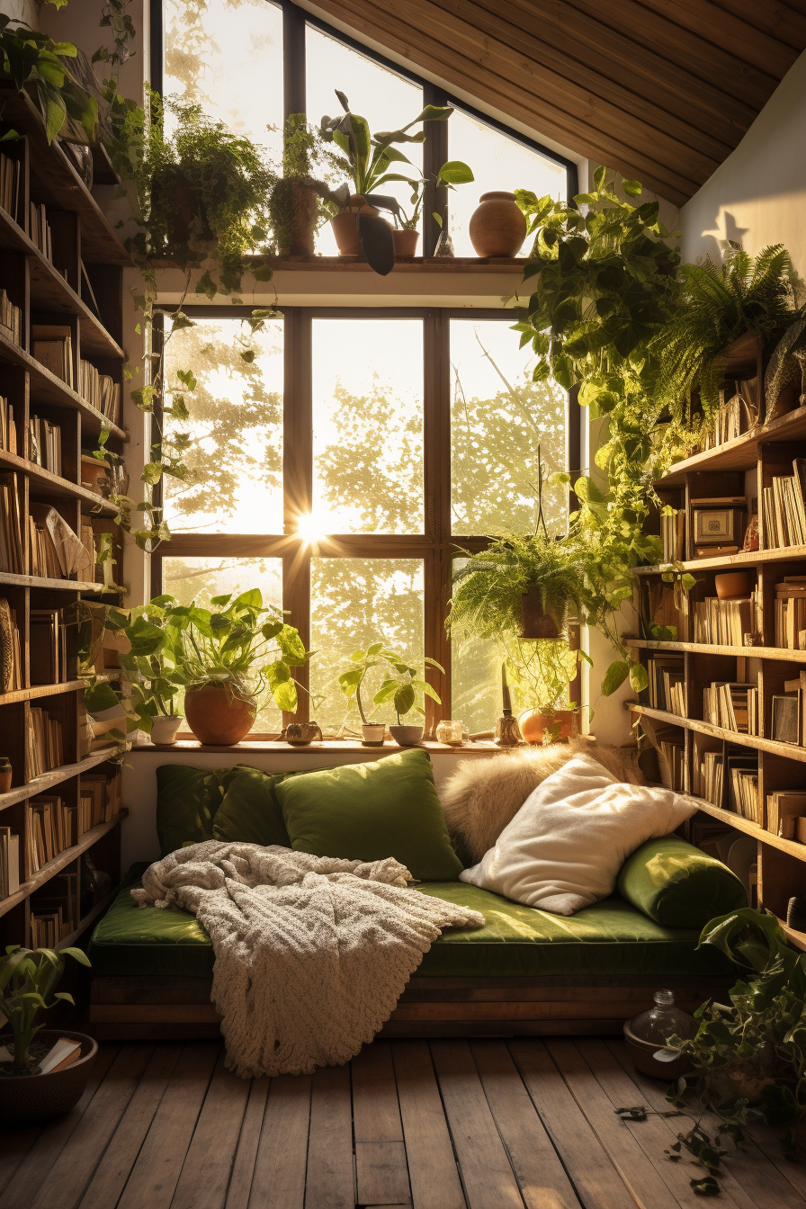 A bohemian-style green couch in front of a window with plants.